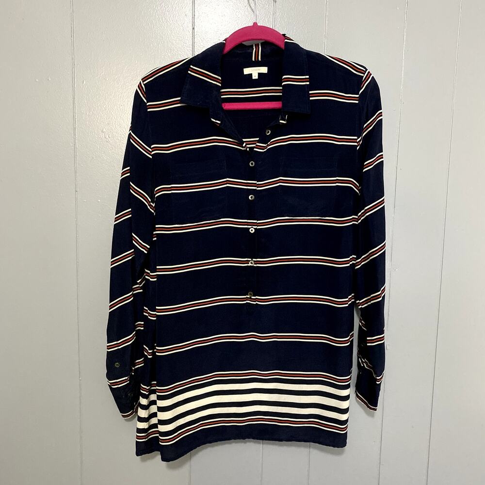 J. Crew Navy Striped Silk Popover Long Sleeve Classic Coastal Minimalist Top M